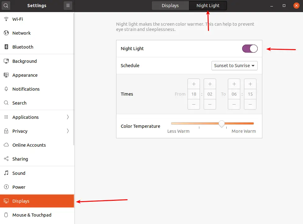 Ubuntu night light activation