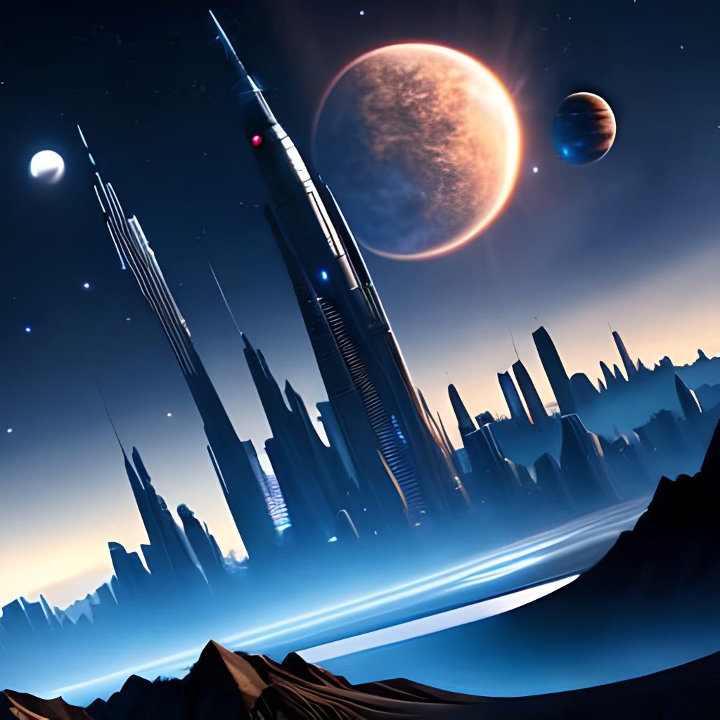 a futuristic city having skyscrapers, clear night sky with planets and stars, landscape view