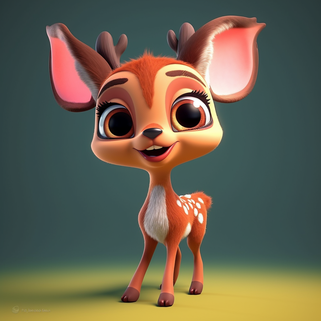 super cute little deer rendered in the style of a Pixar cartoon, full body, shiny and fluffy, bright big eyes, fluffy tail, sweet smile, energetic and playful, exaggerated facial expression, delicate and exquisite, fairytale, incredibly high detail, bright colors, natural light, solid color background, octane rendering, very popular at art stations, gorgeous, ultra wide angle