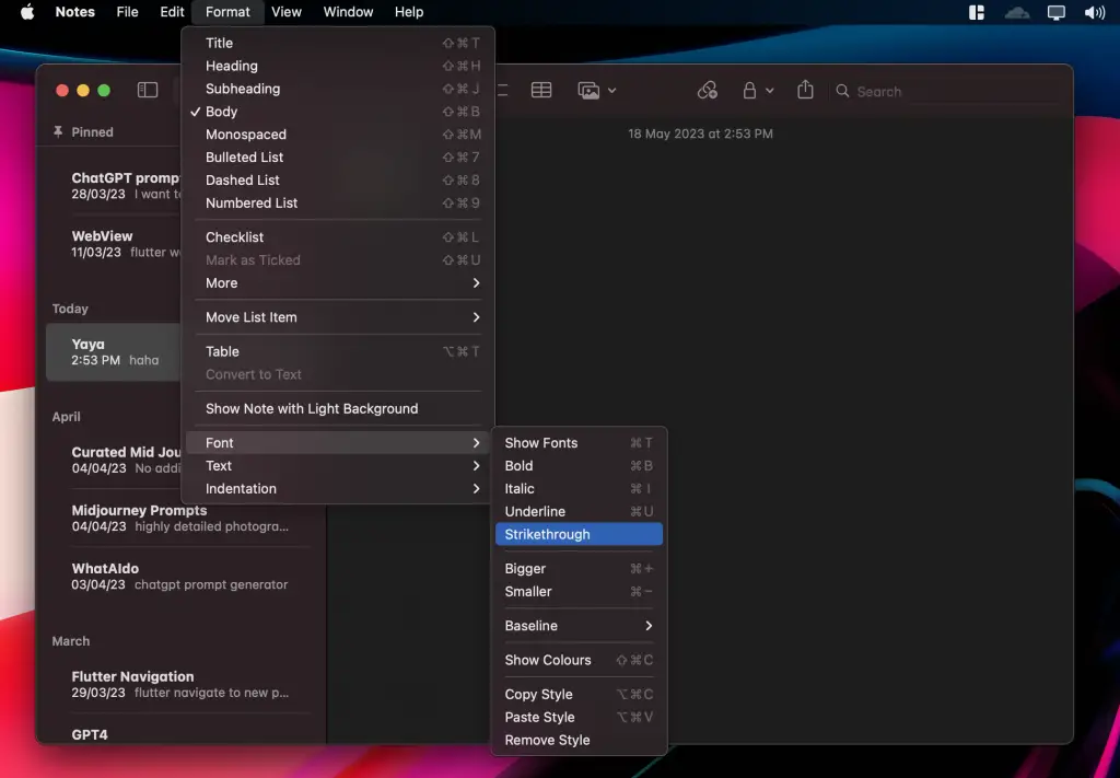 strikethrough in notes mac
