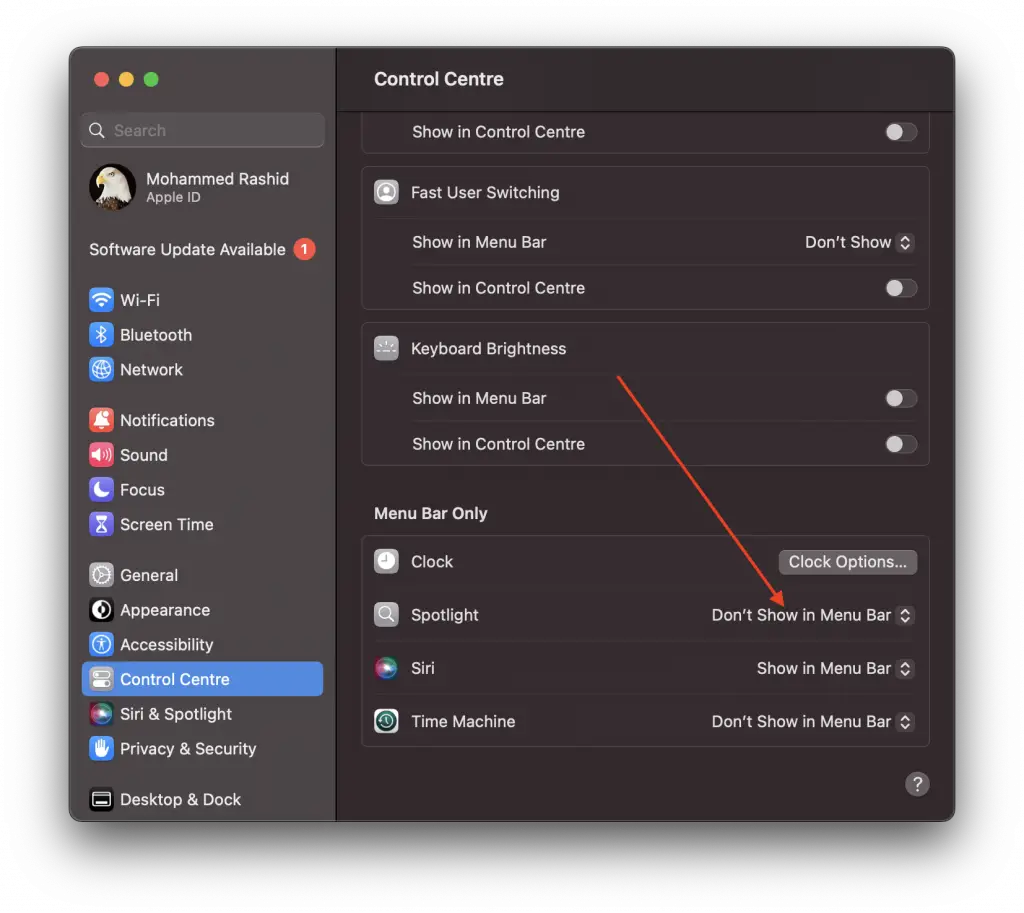 hide spotlight from menu bar mac