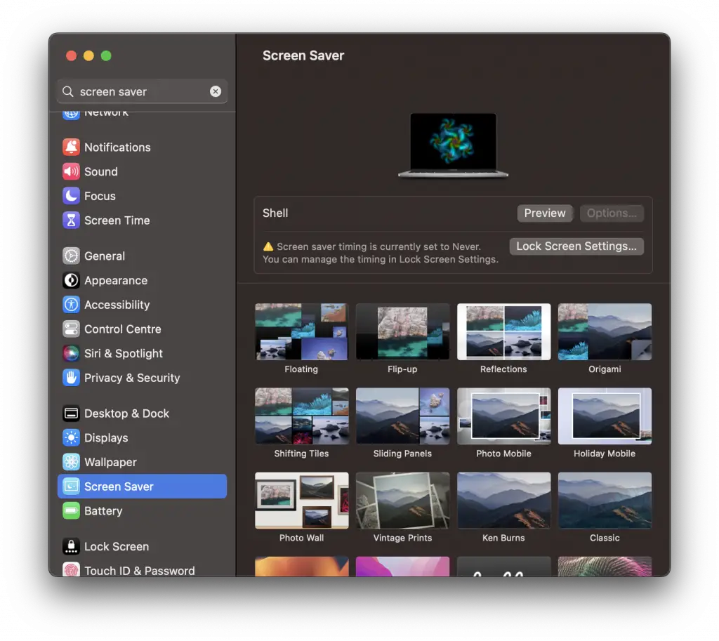 screen saver settings on mac