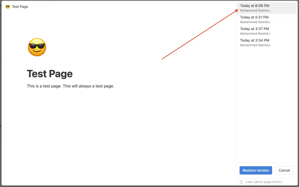 get page history in notion