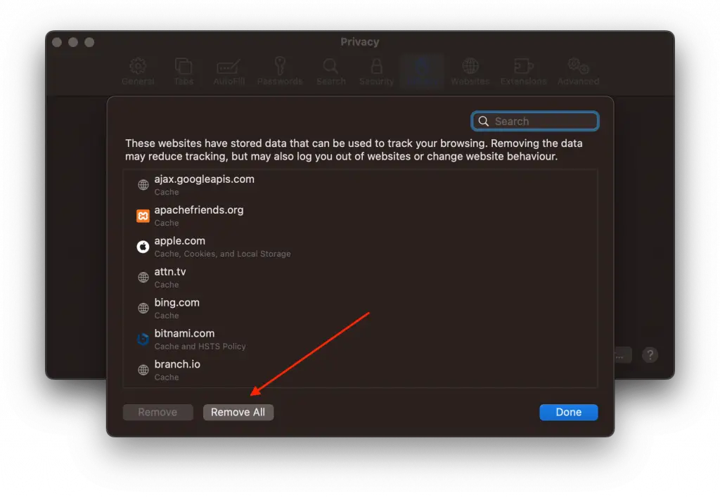safari browser clear website data