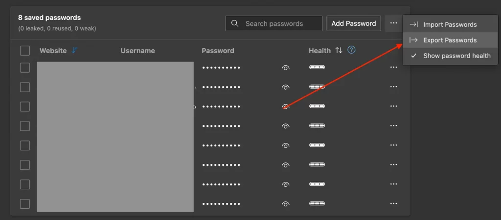 edge browser export passwords